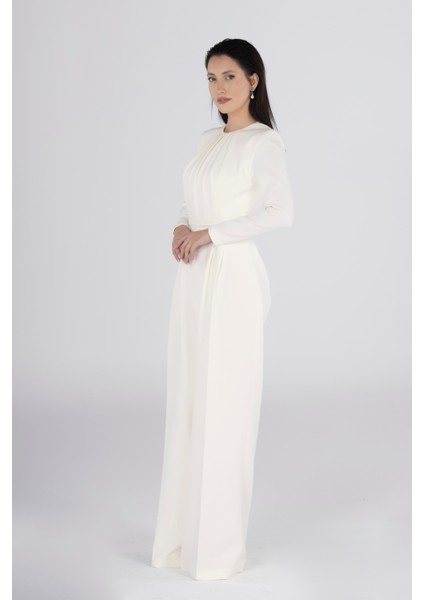 Beyaz Pliseli Uzun Kollu Özel Tasarım Nikah&düğün Tulum Astarlı Abiye Şıklık Zarif Stil