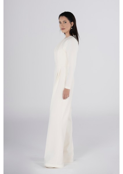 Beyaz Pliseli Uzun Kollu Özel Tasarım Nikah&düğün Tulum Astarlı Abiye Şıklık Zarif Stil modelleri