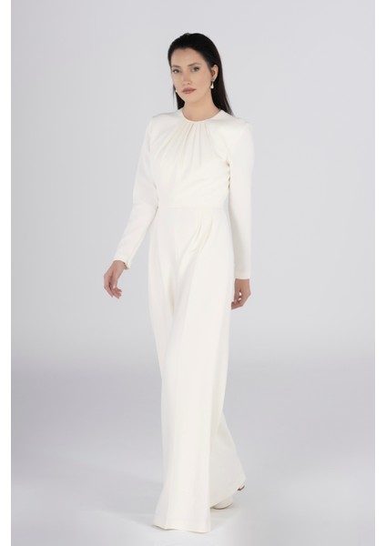 Beyaz Pliseli Uzun Kollu Özel Tasarım Nikah&düğün Tulum Astarlı Abiye Şıklık Zarif Stil indirimleri