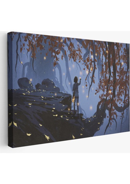 -Premier Kanvas Serileri- Ağaçlardan Düşen Parlak Yaprakları Toplayan Kadın TABLOSU-1243