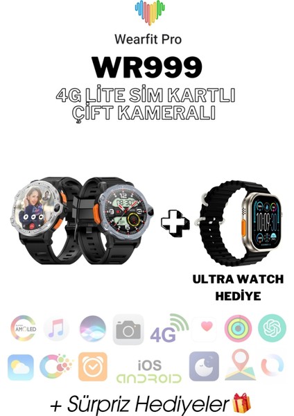 Wr 999 4g Lite Sim Kartlı Çift Kameralı Yeni Nesil Özellikli GB Yuvarlak Akıllı Saat Ultra Watch
