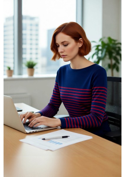 Kadınların Kış Gardırobu Için Konforlu Akrilik Gri Çizgili Bisiklet Yaka Triko Kazak Kaliteli