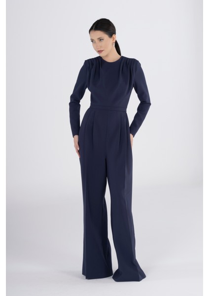 Lacivert Uzun Kollu Kuşaklı Pileli Tulum – Şık Kadın Tulum Modeli Ofis Davet Gece Kombini Için fiyatları