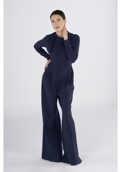 Lacivert Uzun Kollu Kuşaklı Pileli Tulum – Şık Kadın Tulum Modeli Ofis Davet Gece Kombini Için modelleri