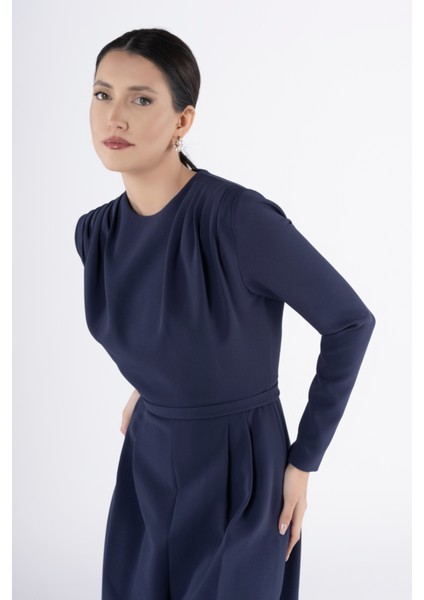 Lacivert Uzun Kollu Kuşaklı Pileli Tulum – Şık Kadın Tulum Modeli Ofis Davet Gece Kombini Için indirimleri