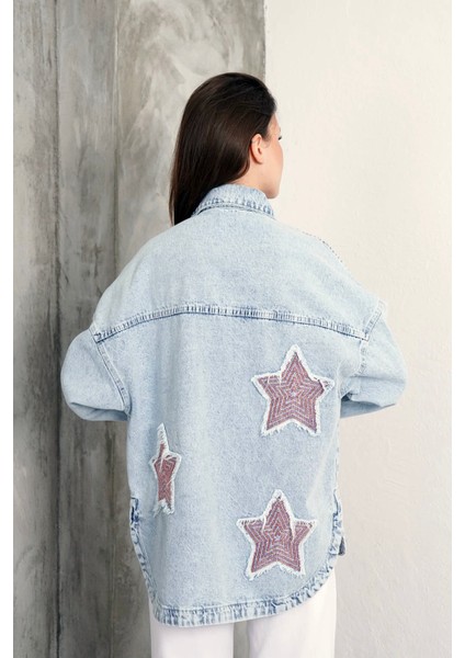 Ast 930 Yıldız Işleme Detaylı Oversize Kadın Kot Ceket Mavi modelleri