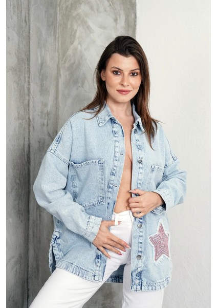Ast 930 Yıldız Işleme Detaylı Oversize Kadın Kot Ceket Mavi fırsatları