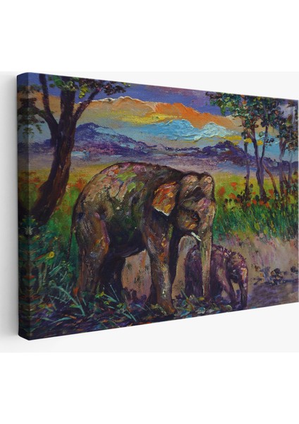 -Premier Kanvas Serileri- Ormandaki Yavru Fil ve Anne Fil TABLOSU-1242