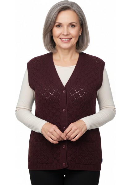 Kadın Kışlık Anne Yelek Pamuklu Triko Örme Düğmeli Cepli Klasik Esnek Rahat