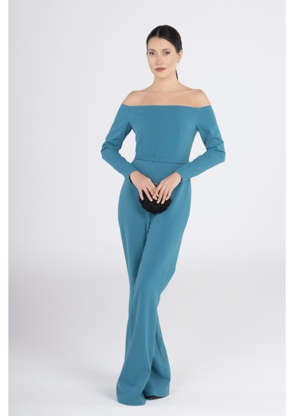 Turkuaz Omuz Açık Uzun Kollu Kuşaklı Tulum – Şık Duruşlu Kadın Abiye Tulum Gece & Davet Stili