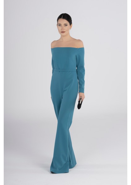 Turkuaz Omuz Açık Uzun Kollu Kuşaklı Tulum – Şık Duruşlu Kadın Abiye Tulum Gece & Davet Stili fiyatları