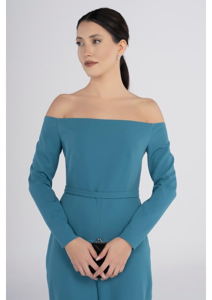 Turkuaz Omuz Açık Uzun Kollu Kuşaklı Tulum – Şık Duruşlu Kadın Abiye Tulum Gece & Davet Stili fırsatları