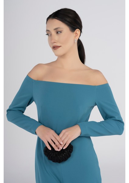 Turkuaz Omuz Açık Uzun Kollu Kuşaklı Tulum – Şık Duruşlu Kadın Abiye Tulum Gece & Davet Stili indirimleri