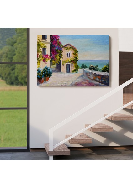 -Premier Kanvas Serileri- Santorinide Deniz Manzaralı Ev Kanvas Duvar TABLOSU-1186 indirimleri