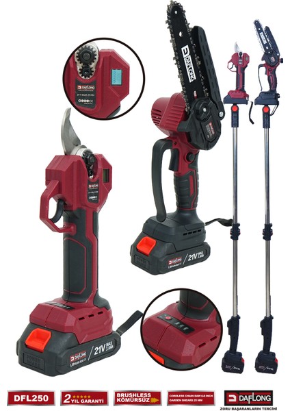 Profesyonel 2'li Set Teleskopik Uzatmalı Dijital Makaj+Yağlamalı Budama DFL-250 modelleri