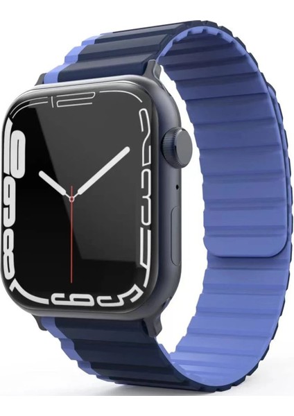 Ds-Derin Movenchy Apple Watch 42MM Mo-Wb1 Çift Renk Mıknatıslı Silikon Kordon - Lacivert-Mavi