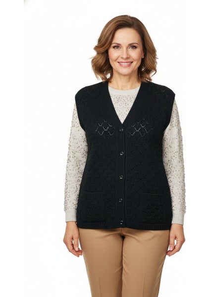 Kadın Kışlık Anne Yelek Pamuklu Triko Örme Düğmeli Cepli Klasik Esnek Rahat