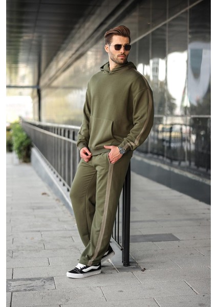 Haki Kanguru Cep Kapüşonlu Erkek Eşofman Takımı E7336