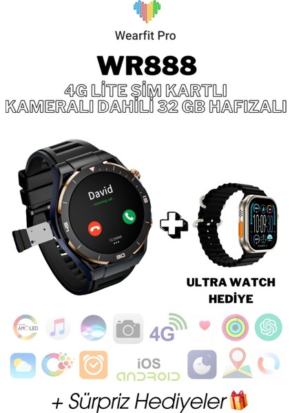 WR888 4g Lite Sim Kartlı Kameralı 32GB Aı Destekli Nfc Gps 39MM Yuvarlak Akıllı Saat + Ultra Watch