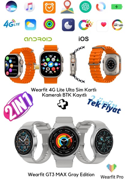 Hk Ultra One 4g 5g Destekli Sim Kartlı Kameralı Btk Kayıtlı 2.02 Amoled Akıllı Saat + Gt3 Max Hediye