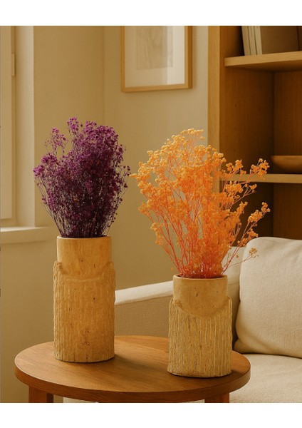 2’li Oyma Yüzeyli Doğal Traverten Vazo Seti – 20 cm & 26 cm modelleri