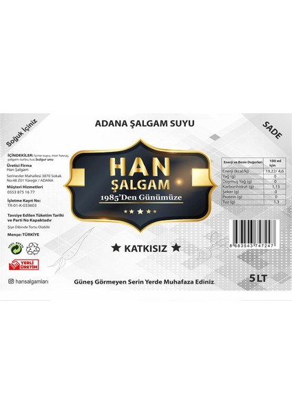 Şalgam Katkısız Adana Şalgamı Acısız Sade 5 Lt (4 Adet)