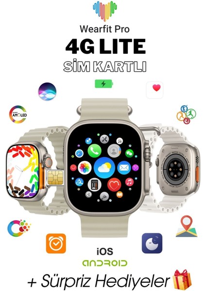 Wearfit Pro 4g Lite Sim Kartlı Kameralı Btk Kayıt Distribitör Garanti Akıllı Kol Saati Amoled Gri