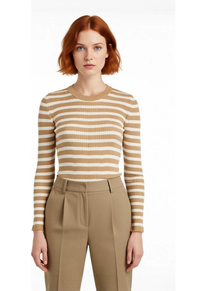 Kadın Çizgili Triko Fitted Uzun Kol Bisiklet Yaka Akrilik Basic Casual Günlük Kazak Kaliteli