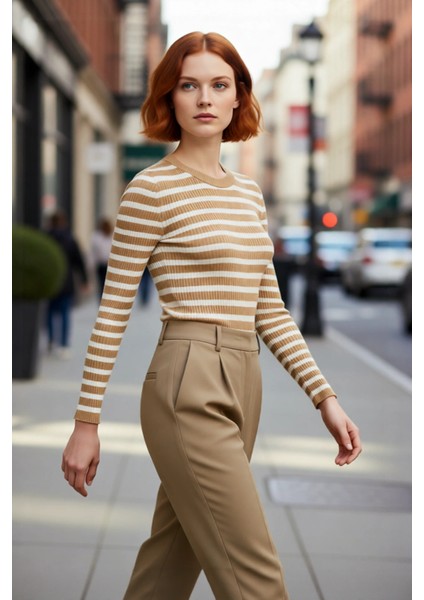 Kadın Çizgili Triko Fitted Uzun Kol Bisiklet Yaka Akrilik Basic Casual Günlük Kazak Kaliteli modelleri