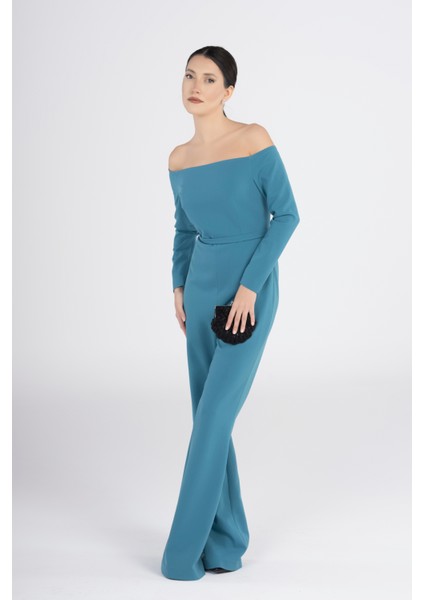Turkuaz Omuz Açık Uzun Kollu Kuşaklı Tulum – Şık Duruşlu Kadın Abiye Tulum Gece & Davet Stili modelleri