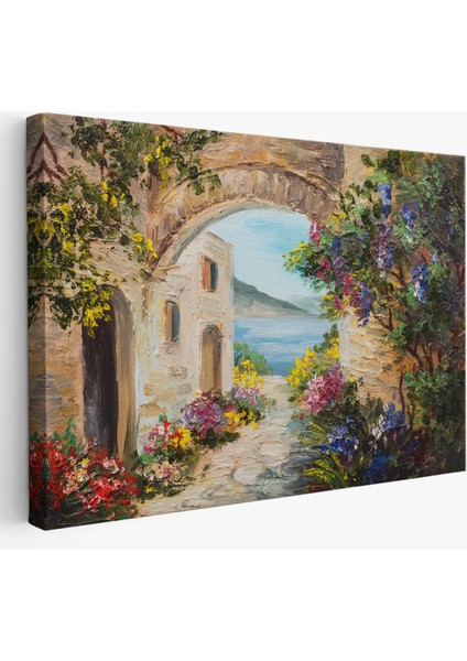 -Premier Kanvas Serileri- Deniz Yakınında Ev, Renkli Çiçekler, Deniz Manzaralı Kanvas Duvar TABLOSU-1111