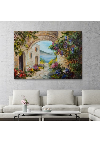-Premier Kanvas Serileri- Deniz Yakınında Ev, Renkli Çiçekler, Deniz Manzaralı Kanvas Duvar TABLOSU-1111 fiyatları