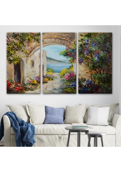 -Premier Kanvas Serileri- Deniz Yakınında Ev, Renkli Çiçekler, Deniz Manzaralı Kanvas Duvar TABLOSU-1111 modelleri