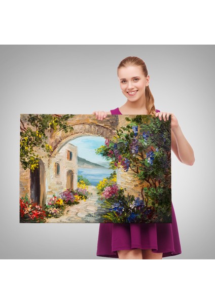 -Premier Kanvas Serileri- Deniz Yakınında Ev, Renkli Çiçekler, Deniz Manzaralı Kanvas Duvar TABLOSU-1111 fırsatları