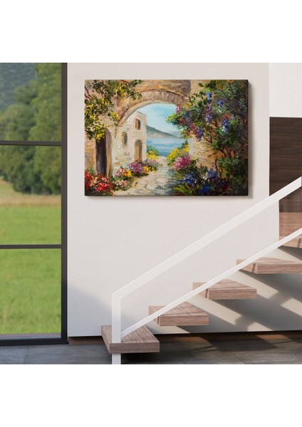 -Premier Kanvas Serileri- Deniz Yakınında Ev, Renkli Çiçekler, Deniz Manzaralı Kanvas Duvar TABLOSU-1111 indirimleri