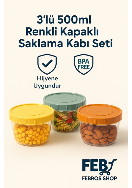 3'lü Renkli Kapaklı 500ML Saklama Kabı Seti Organizer Sağlam Derin Dondurucuya Mikrodalgaya Uygun