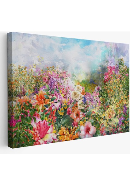 -Premier Kanvas Serileri- Suluboya Görünümlü Çok Renkli Çiçek Manzaralı Kanvas TABLO-1196