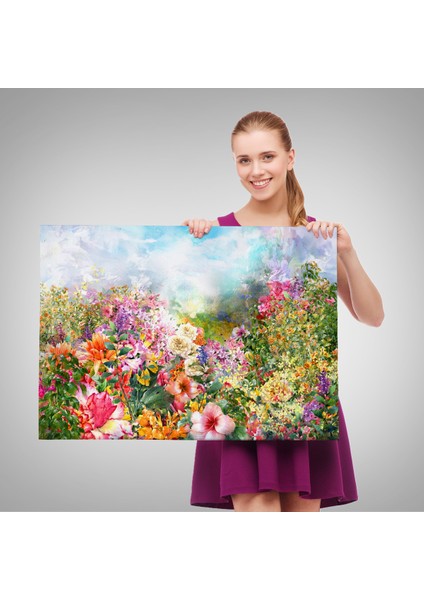 -Premier Kanvas Serileri- Suluboya Görünümlü Çok Renkli Çiçek Manzaralı Kanvas TABLO-1196 fırsatları