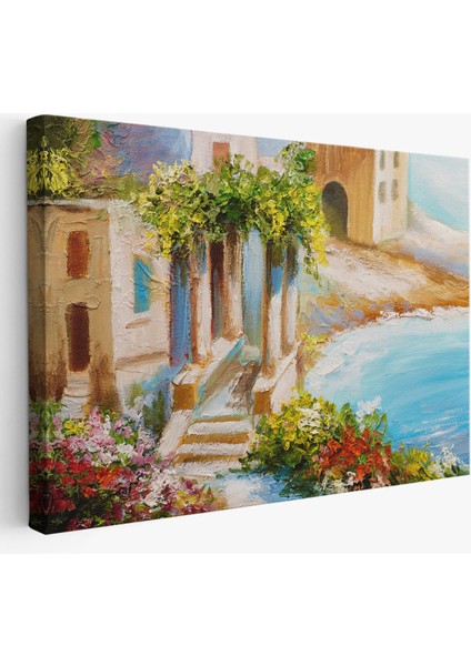 -Premier Kanvas Serileri- Denize Yakın Ev, Deniz Kıyısı, Rengarenk Çiçekler, Yaz Deniz MANZARASI-1113
