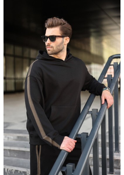 Siyah Kanguru Cep Kapüşonlu Erkek Eşofman Takımı E7336 modelleri