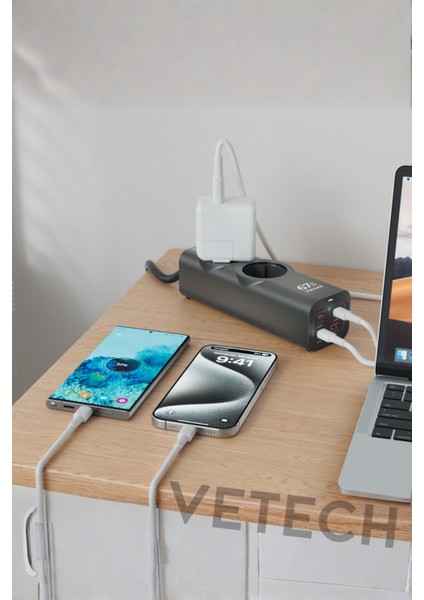 67W Gan 6in1 Masaüstü Şarj Istasyonu 3x Type-C, 2x Priz, 1x USB Hub ve Çoklu Priz Macbook, Iphone, Samsung Uyumlu fiyatları