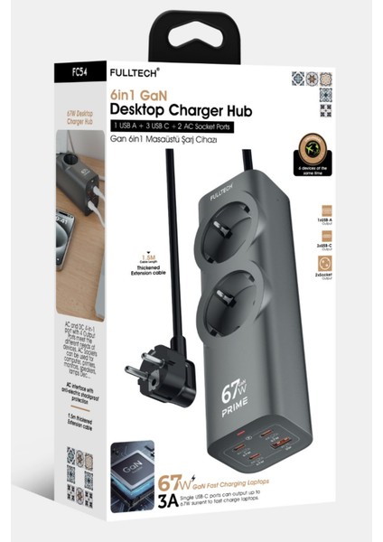 67W Gan 6in1 Masaüstü Şarj Istasyonu 3x Type-C, 2x Priz, 1x USB Hub ve Çoklu Priz Macbook, Iphone, Samsung Uyumlu modelleri