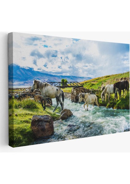 -Premier Kanvas Serileri- Dereden Geçen Atlar Manzaralı Dekoratif Kanvas Tablo 1169