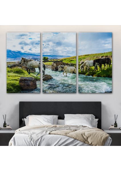 -Premier Kanvas Serileri- Dereden Geçen Atlar Manzaralı Dekoratif Kanvas Tablo 1169 modelleri