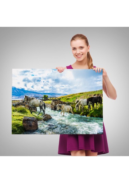 -Premier Kanvas Serileri- Dereden Geçen Atlar Manzaralı Dekoratif Kanvas Tablo 1169 fırsatları