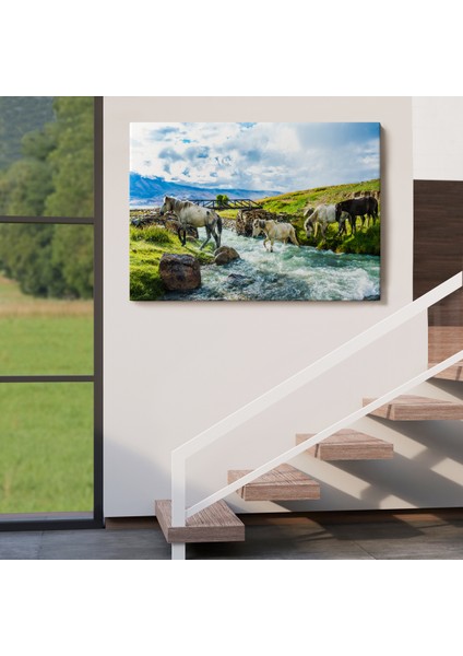 -Premier Kanvas Serileri- Dereden Geçen Atlar Manzaralı Dekoratif Kanvas Tablo 1169 indirimleri