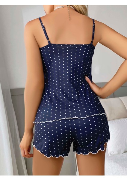 Allzey Kadın Lacivert Dantel Detaylı Beyaz Noktalı Şortlu Gecelik Pijama Takımı 5049 fiyatları