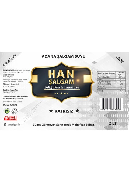 Şalgam Katkısız Adana Şalgamı Sade Acısız 2 Lt