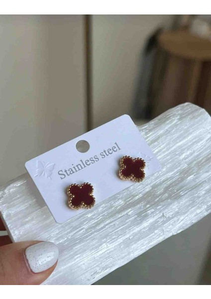 Gold Bordo Yonca Model Çelik Küpe