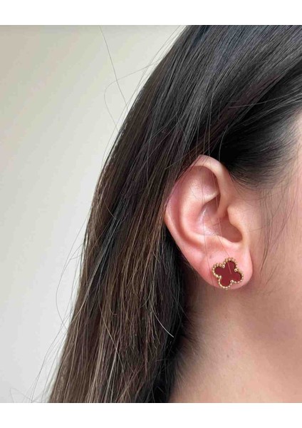Gold Bordo Yonca Model Çelik Küpe modelleri